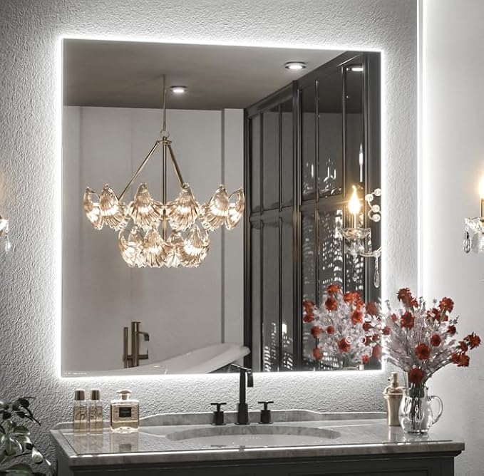 Keonjinn LED Bathroom Mirror with Lights 36 x 36 Inch, Backlit Vanity Mirrors for Wall, Stepless Dimmable, Anti Fog, Waterproof, CR90+ Tempered Glass, Memory Founction, High Lumen