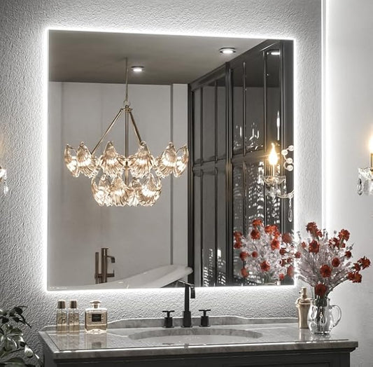 Keonjinn LED Bathroom Mirror with Lights 36 x 36 Inch, Backlit Vanity Mirrors for Wall, Stepless Dimmable, Anti Fog, Waterproof, CR90+ Tempered Glass, Memory Founction, High Lumen
