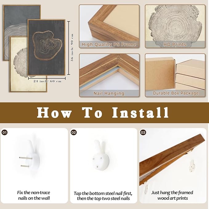 Anyzal Neutral Tree Ring Wall Art Modern Wood Stump Wall Decor 24x36 Inch Set of 3 for Living Room Bedroom Dining Room