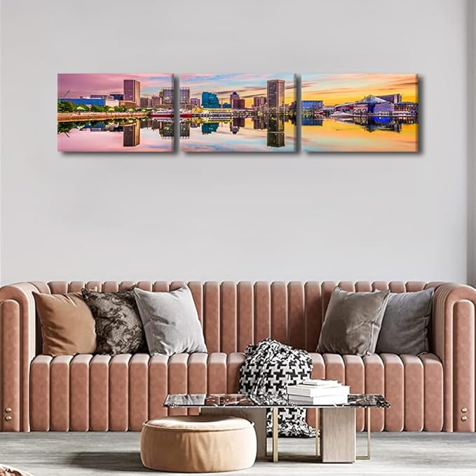 Canvas Wall Art for Living Room Baltimore Maryland Modern Home Decor USA Skyline on the Inner Harbor HD Printed Posters for Bedroom Office Wall Art Painting Bathroom Pictures Ready to Hang 14x60 Inch
