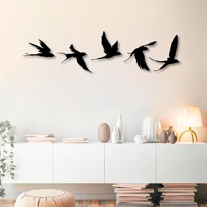 Metal Bird Wall Decor, Birds Metal Wall Decor Set of 5, Metal Birds Wall Art, Metal Birds Outdoor Decor, Bird Wall Art, Bird Art Wall Decor, Birds Sign, Metal Garden Decor (Black, 66"x 13"| 170x35cm )