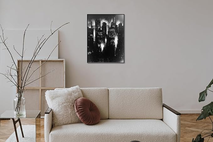Abstract Cityscape Wall Art, Modern Urban Night Skyline Canvas Painting, Contemporary Expressionist City Decor (Black, 23" W x 31" L / 60x80cm, Framed)