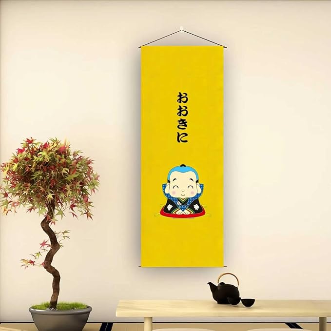 Japanese Tapestry Wall Art - Good Fortune Feng Shui & Lucky Symbols | W15.7xH47.2", Long Vertical Hanging Decor for Bedroom, Living Room, Office | Washable Fabric with Calming Zen Design (Little Monk)CTT-133