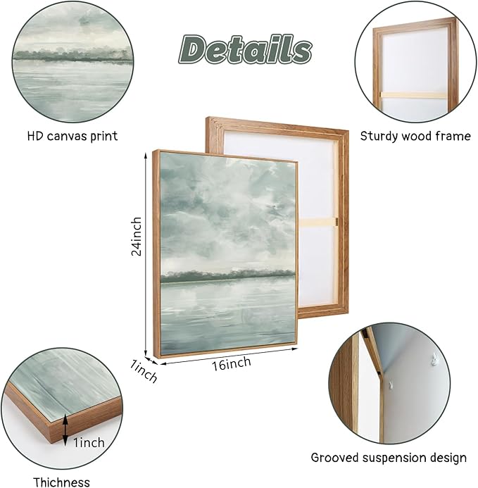 CHDITB Watercolor Sky Cloud Framed Canvas Wall Art Set, Pastel Shapes Illustrations Cloudy Wall Decor, Neutral Minimal Wall Painting, Blue Gray Ocean Sky Art Prints For Living Room Bedroom Office Decor 16"x24"x3