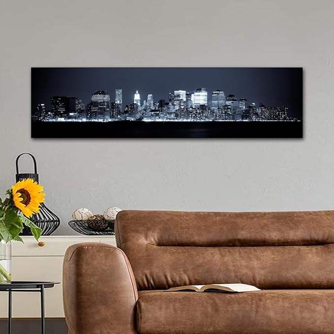 New York Skyline Canvas Wall Art Manhattan Wall Art for Living Room Cityscape at Night Pictures for Bedroom Modern Home Decor Office Bathroom Decorations Artwork Framed Ready to Hang 12x46 Inch