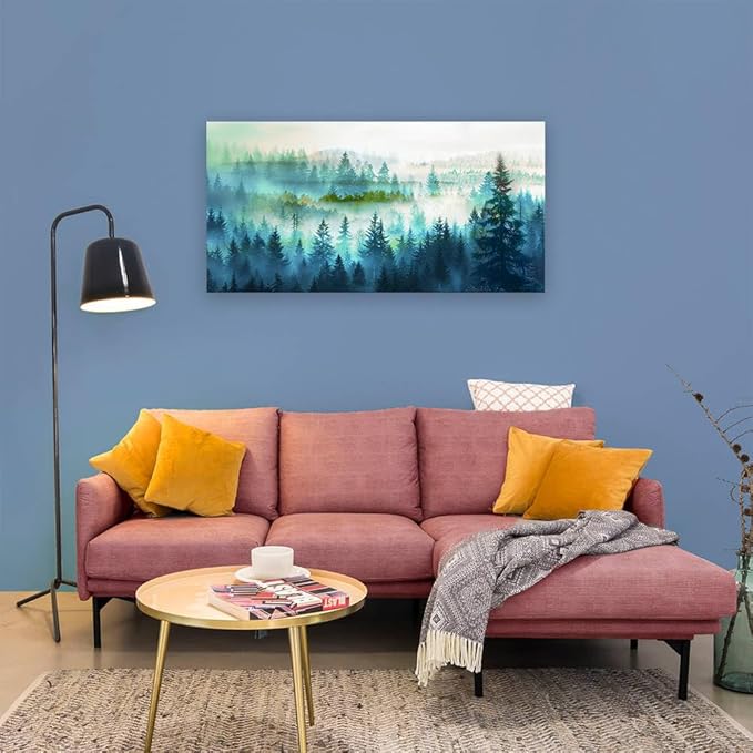 BYXART Canvas Wall Art for Living Room Misty Forest Foggy Mountain Landscape Artwork Nature Picture Bathroom Decor Smoky Scenery Painting Artwork For Bedroom Home Office Decoration 40L x 20W