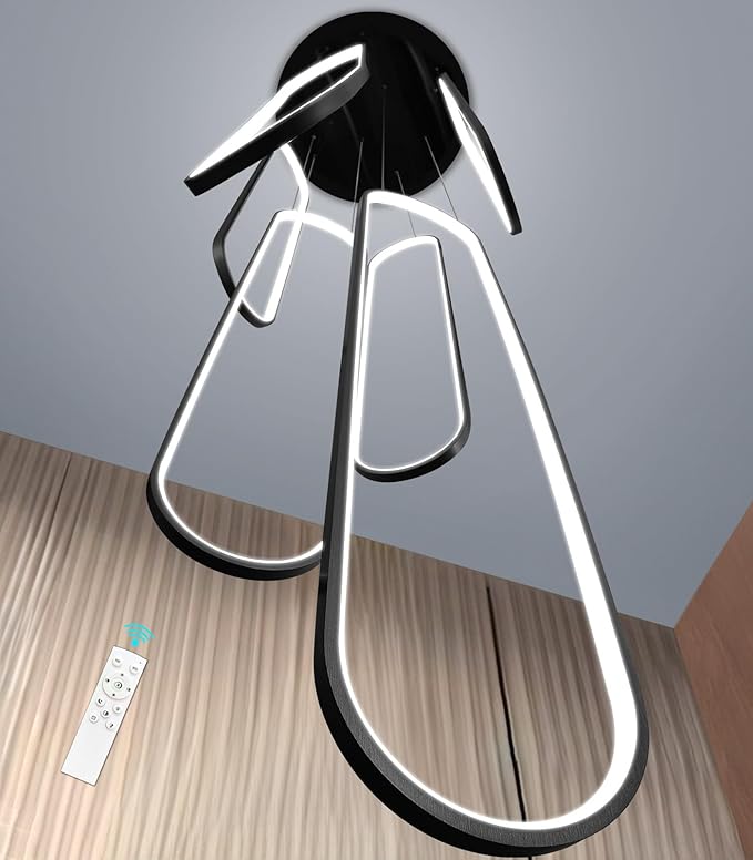 Modern High Ceiling Chandelier for Foyer Black 6 Rings Chandeliers LED Dimmable Chandelier for Living Room Staircase Villa