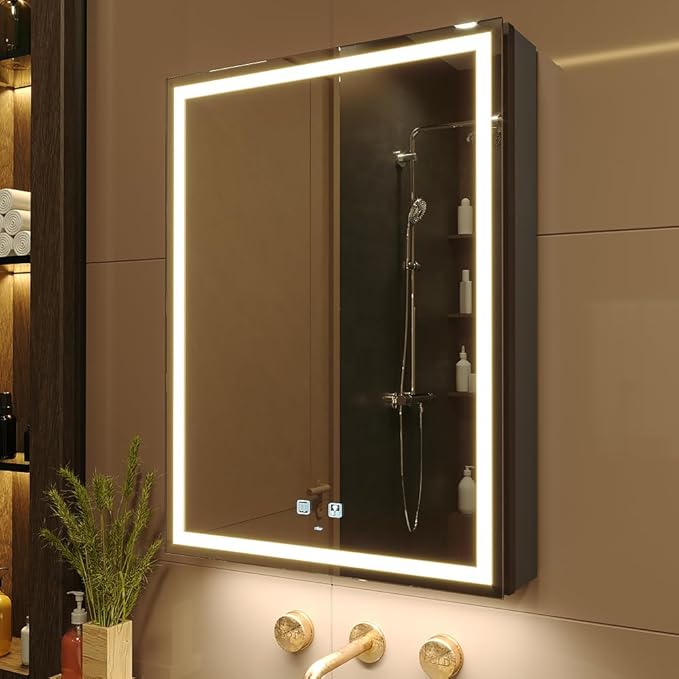 KWW LED Lighted Bathroom Medicine Cabinet with Sockets & USBs, Defogger, Dimmable, 3 Color Light Makeup Mirror, Easy to Install, Wall Mounted Cabinet (Left Hinge, 20 * 28)