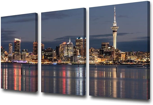 Black and White Auckland City Wall Art Tower Cityscape Picture Photo Canvas Print Art with Wood Frame,Modern Home Office Wall Decoration Giclee Print Framed Art Ready to Hang - 24‘’x12‘’x3 panels