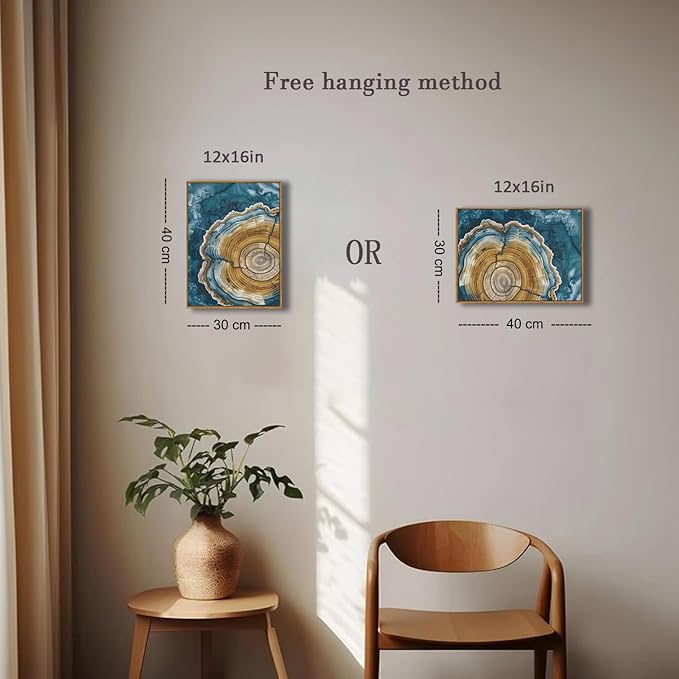 BingruiArt Framed Tree Ring Canvas Wall Art Abstract Wood Wall Decor Boho Modern Colorful Nature Painting Wood Stump Prints Pictures for Living Room Bedroom Bathroom Office 12"x16" Natural Framed(07)