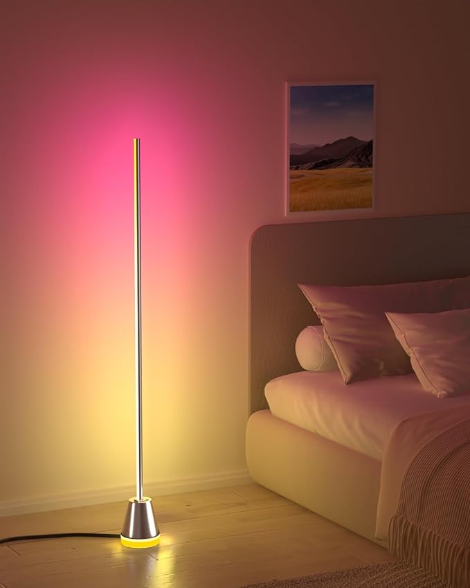 Keepsmile Smart RGB LED Corner Floor Lamp, Bright Standing Lamps for Living Room with APP and Remote,Modern Floor Lamp with Music Sync and 16 Million Colors, Ambient Light for Bedroom Silver