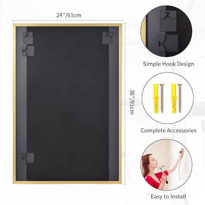 Koonmi Gold Mirrors for Wall, 24x36 Inch Bathroom Mirror, Rectangular Wall Mirror for Living Room Bedroom Bathroom, Hangs Horizontally or Vertically