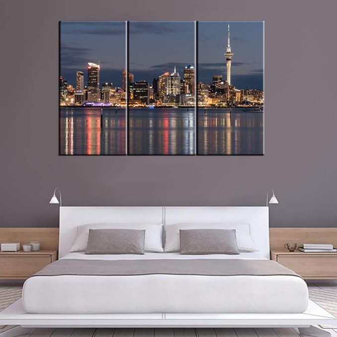 Modern Wall Art New Zealand Skyline Poster Auckland CBD at Night Picture Canvas Prints for Home Office Bedroom Decor City Cityscape Painting Stretched and Framed Ready to Hang 40‘’x20‘’x3 panels