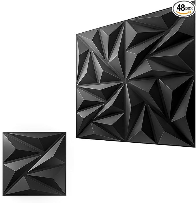 3D Wall Panels for Interior Wall Decor, 48 pcs PVC Wall Panels, 11.8''x11.8'' Decorative Accent Wall Panels for Game Rooms, TV Walls Background, Living Rooms, Decorative Wall Panels, Black