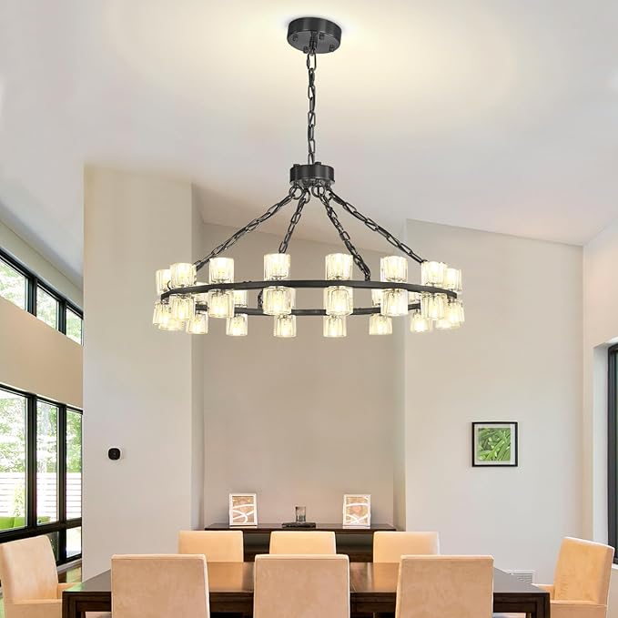 Black Wagon Wheel Chandeliers Modern 32-Lights Black Round Chandelier Crystal Chandeliers for Dining Room,Living Room Vintage Chandelier for Foyer Hallway