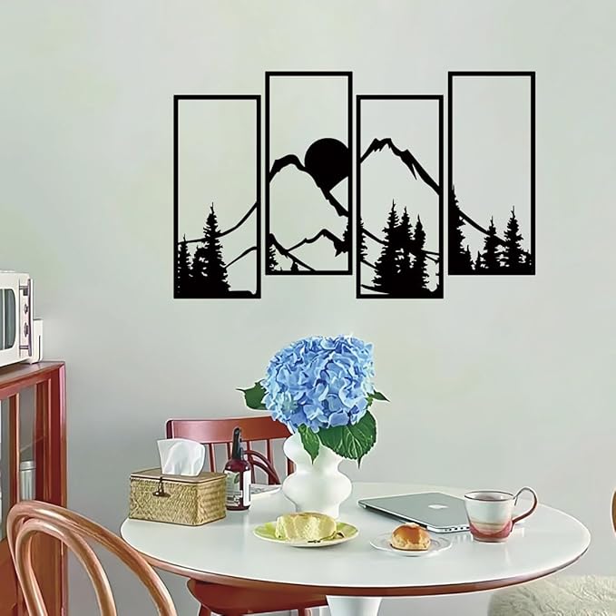 Metal Sunset Mountain Forest Wall Decor Set of 4, Minimalist Line Drawing Large Mountains Wall Art Home Decor for Living Room Bedroom Office…