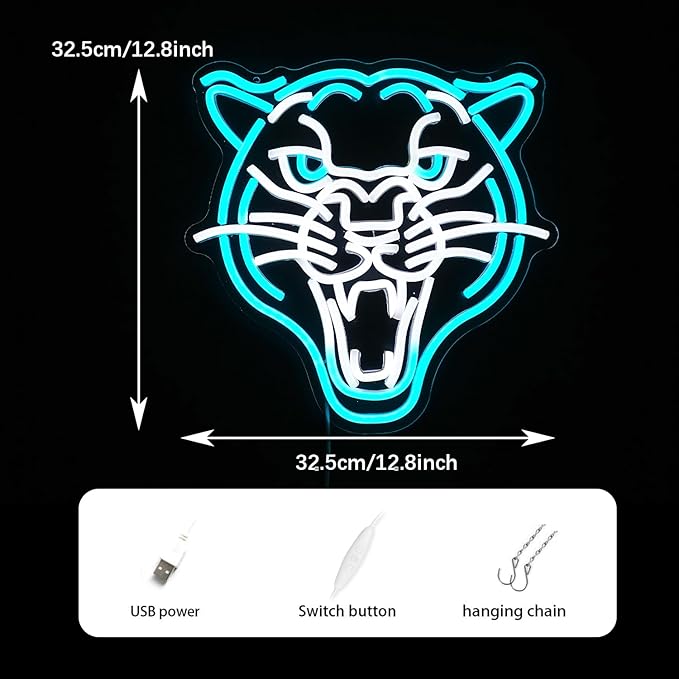 Leopard Neon Sign Dimmable LED Animal Signs for Wall Decor White Ice Blue Cool Leopard Neon Light USB Powered Light Up Leopard Sign for Living Room Man Cave Toy Shop Game Room Decor (12.8''*12.8'')