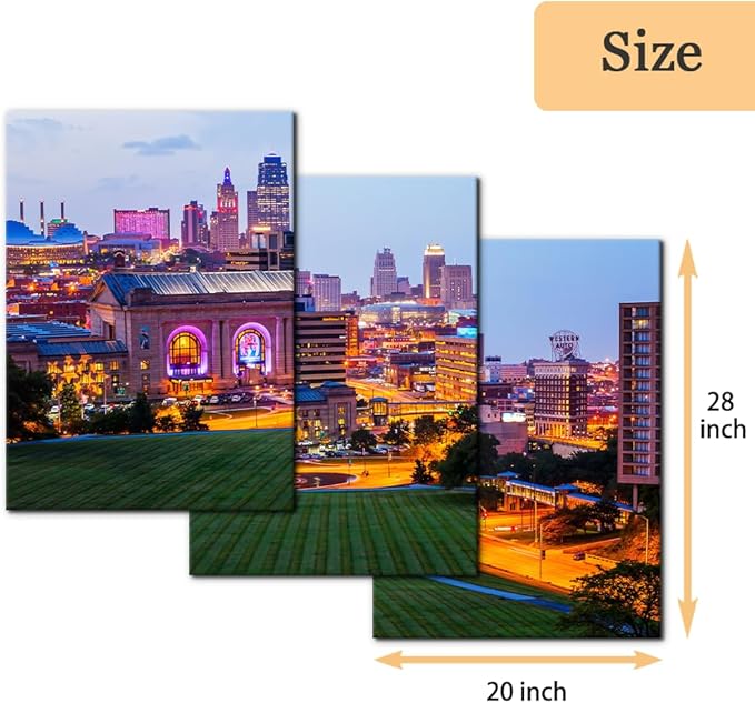 Pacimo Canvas Wall Art Union Station City Landscape Pictures Paintings Kansas Cityscape Modern Artwork Prints on Canvas Wall Decor for Living Room Bedroom Framed Ready to Hang - 20"x28"x3 Panels