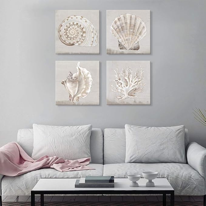 JAPO ART Neutral Shells Eva Watts by PI Creative Art Modern seashells Canvas Wall Art Vintage Pictures Giclee Print on Canvas Stretched for Living Room Bedroom 16x16Inchx4pcs