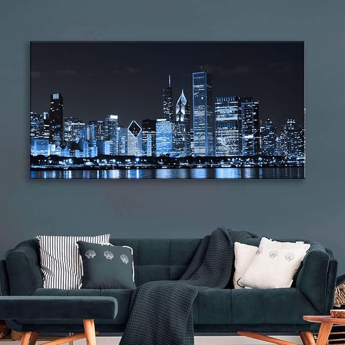 NAN Wind Chicago City Center Skyline Canvas Prints Modern Office Decor Chicago Skyline Canvas Art Cityscape Wall Decorations Blue Wall Decor for Living Room Pictures for Bedroom Decorations