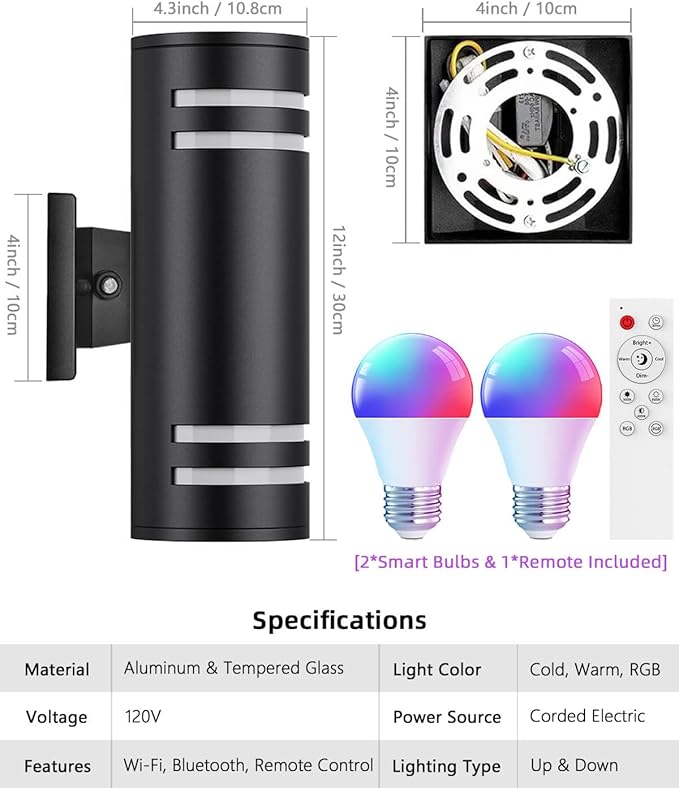 KIZON Smart Porch Light RGBCW Dusk to Dawn Outdoor Wall Lights, WiFi APP Control Exterior Wall Sconce Up and Down Lights Outdoor Lights for House Patio Garage, Compatible with Alexa Google Assistant