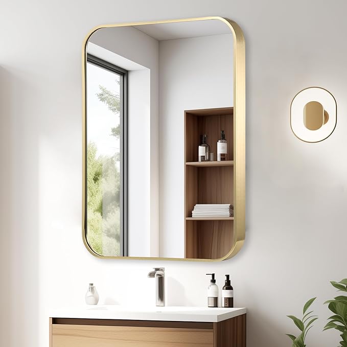 22x30 Inch Gold Bathroom Mirror, Brushed Gold Metal Framed Rectangular Mirror with Rounded Corner, Bathroom Vanity Mirror for Bedroom or Living Room, Horizontal/Vertical