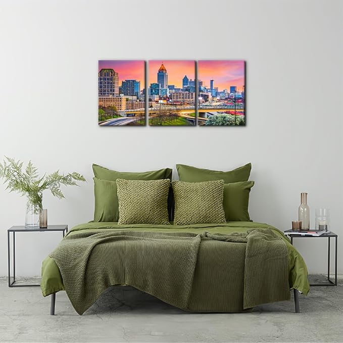 Pacimo Atlanta Cityscape Canvas Wall Art Print City Skyline at Dusk Painting Wall Decor for Living Room Home Decoration Gallery Wrapped Posters and Prints Framed Ready to Hang - 20"x28"x3 Panels