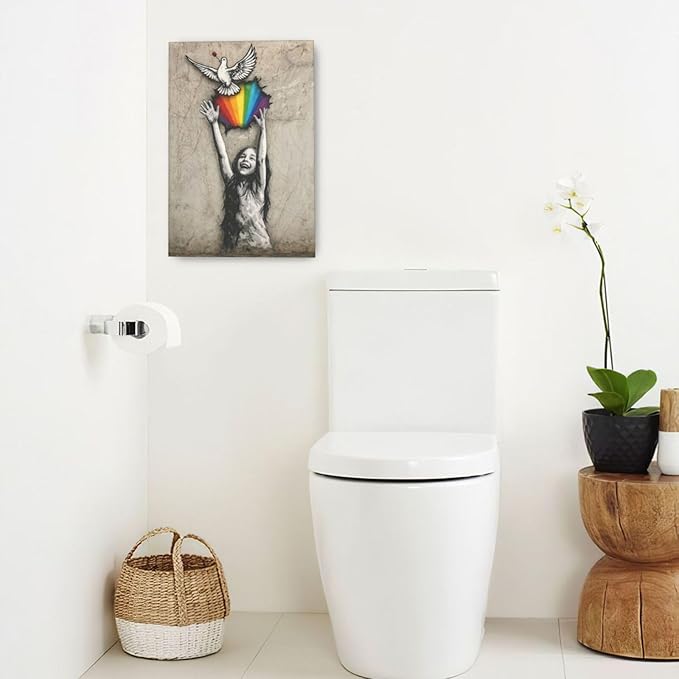 Banksy Street Graffiti Wall Art Rainbow Canvas Wall Decor Love And Peace Pictures Paintings Prints Artwork Framed Modern Decorations For Bedroom Bathroom Office Living Room Gifts 16" x 24"