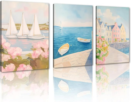 Large Ocean Beach Framed Oil Paiting Canvas Wall Art Pink Landscape Art Beach Sailboats Canvas Blue Sky White Clouds Scenery for Living Room Bedroom Office - 20x28inchx3Pcs