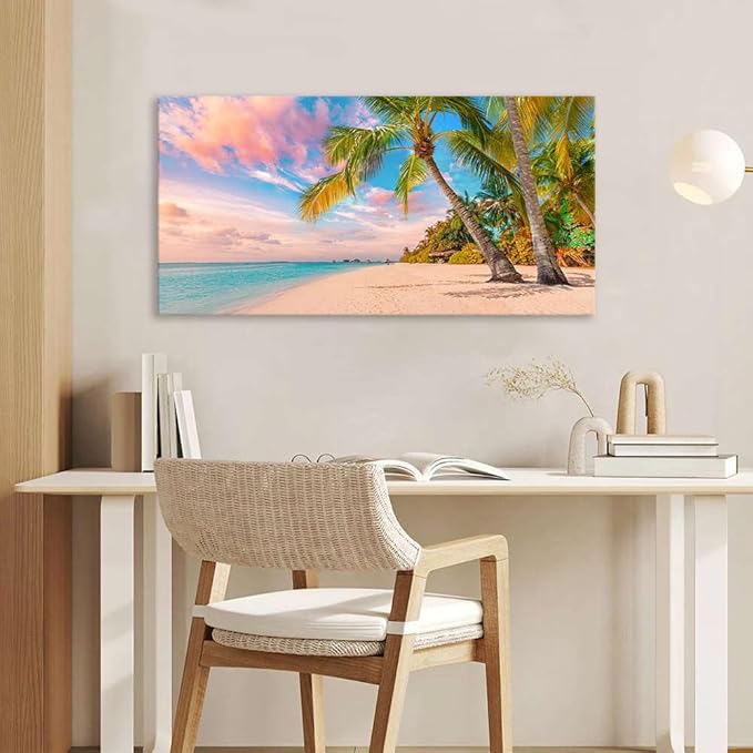 Canvas Wall Art for Bedroom Tropical Palm Tree Wall Art Summer Canvas Ocean Waves Coconut Trees Beach Sunrise Seascape Scenery Painting Nature Picture for Living Room Bathroom Home Office Wall Decor