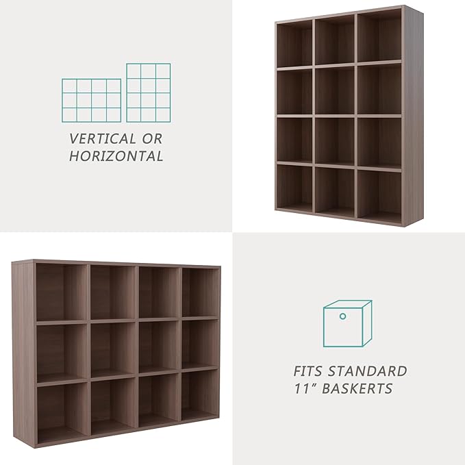 12-Cube Storage Shelf Bookcase - Wooden 3-Tier Floor Standing Open Bookshelf for Home and Office, Cuby Orgainzer, Walnut