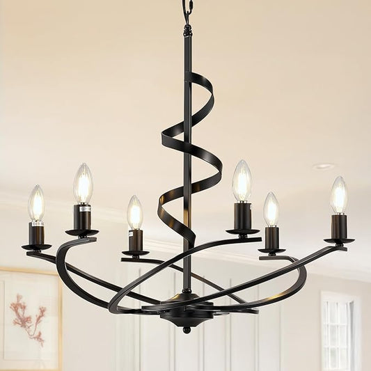 Black Chandelier, 6-Light Farmhouse Chandeliers for Dining Room, Rustic Kitchen Island Lighting, Modern Chandelier for Living Room, Hanging Pendant Lights for Bedroom, Foyer, Staircase, Entry