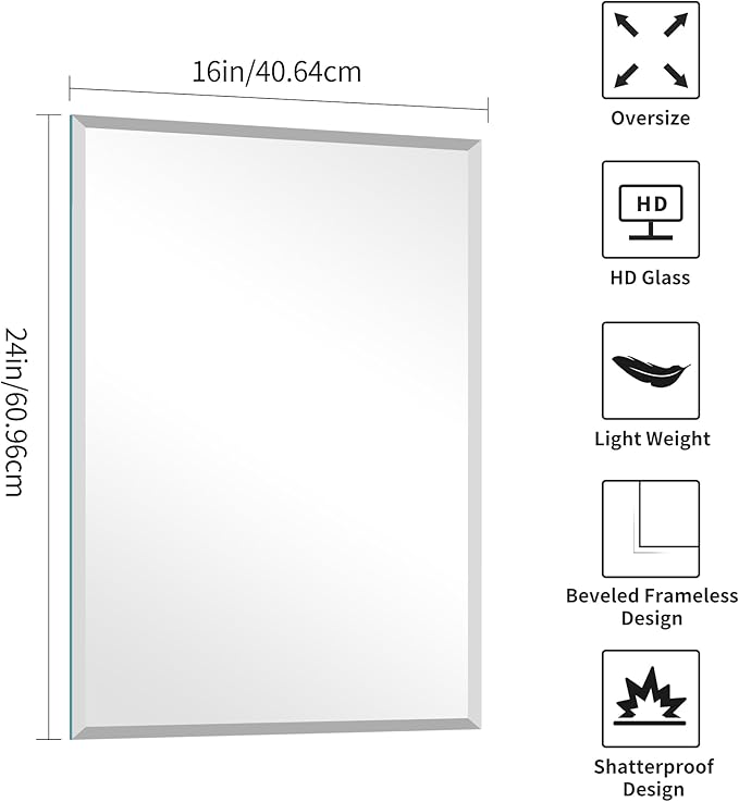 KOCUUY Frameless Bathroom Mirror, 16x24 Inch Beveled Mirror for Over Sink, Upgraded Shatterproof Unframed Design with Beveled Edge Mirror for Bathroom, Bedroom, Entryway, Hang Horizontal/Vertical