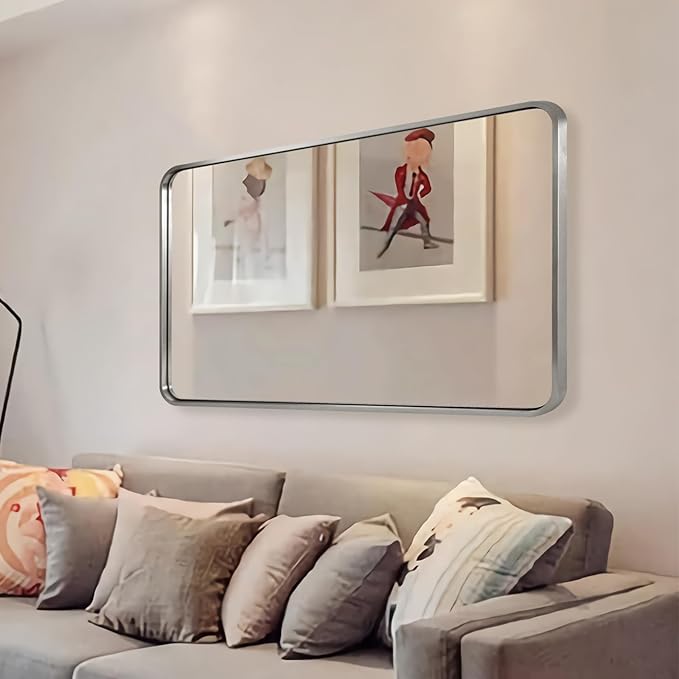 ANDY STAR 30x48 Inch Brushed Nickel Bathroom Mirror, Rounded Corner Brushed Silver Mirror, SUS304-Anti-Rust Metal Tube Frame Wall Mounted Horizontal/Vertical 1’’ Deep