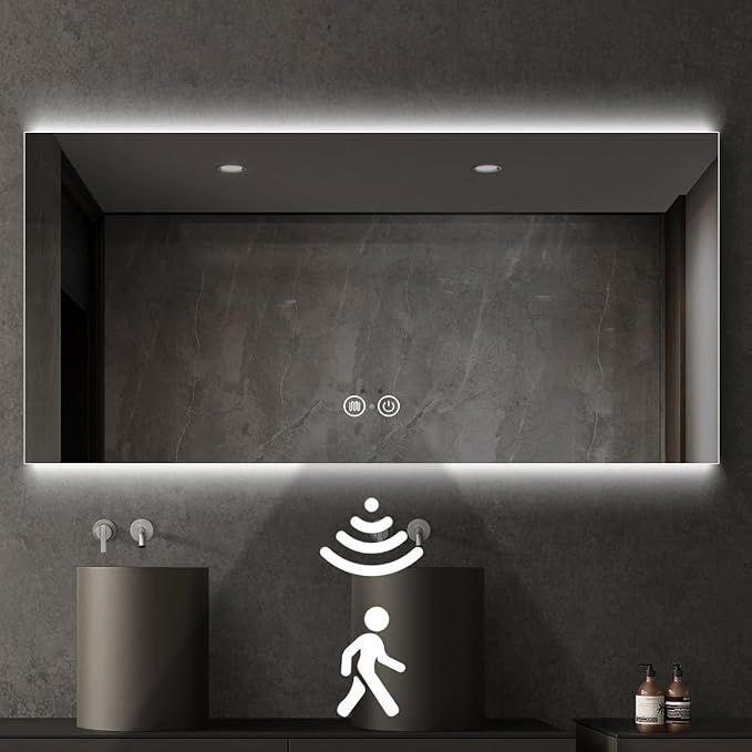 36" H x 48" W LED Bathroom Mirror, Infrared Motion Sensor Vanity Mirror with 3-Color Top & Bottom Backlit Lights, Stepless Dimmable Wall Mirror with Anti-Fog, Rectangular, UL-Listed