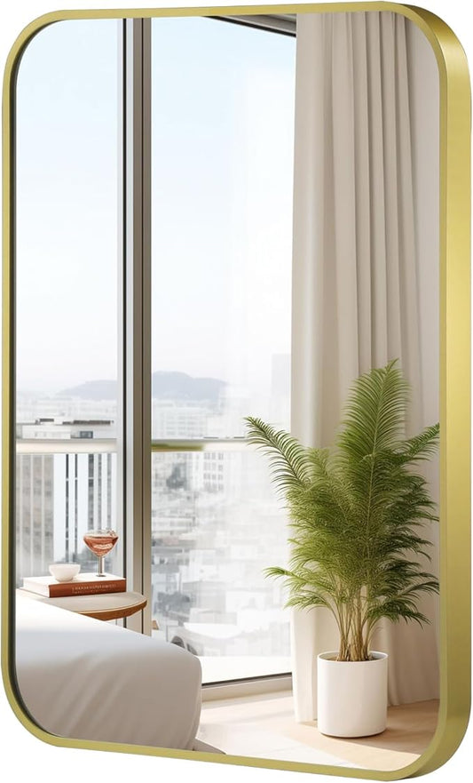 20x30 Inch Gold Mirror, Framed Rectangle Mirror with Rounded Corner, Brushed Brass Mirror, Gold Bathroom Mirror for Over Sink, Vanity, Living Room, Bedroom, Horizontal/Vertical