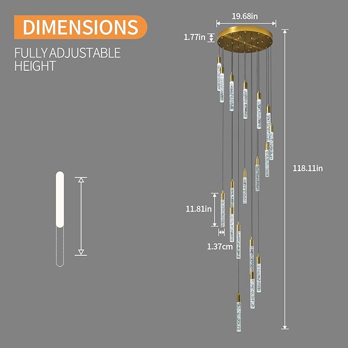 18-Light Modern Living Room Chandelier Gold Brass Finish Crystal Ceiling Pendant Lights LED Dimmable 108W 6000K Staircase Large Chandeliers for Entryway Lobby Foyer High Ceiling Chandeliers