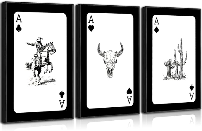 3Pcs Western Cowboy Wall Art Rustic Southwestern Style Poster Printing Vintage Western Poker Ace Paintings Cowboy Horse Bull Skull Cactus Pictures for Bedroom Living Room Bathroom 16x24in Unframed