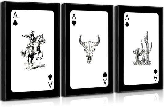 3Pcs Western Cowboy Wall Art Rustic Southwestern Style Poster Printing Vintage Western Poker Ace Paintings Cowboy Horse Bull Skull Cactus Pictures for Bedroom Living Room Bathroom 16x24in Unframed