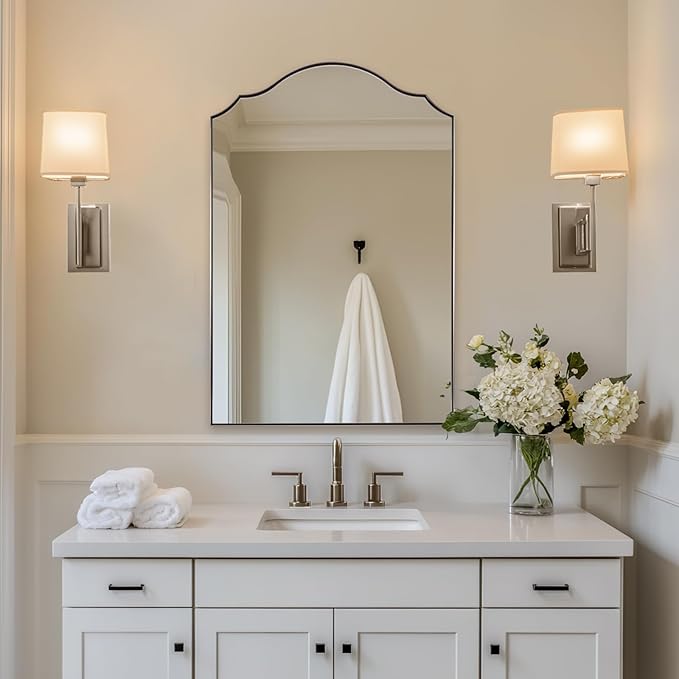 ANDY STAR Scalloped Arched Mirror, 24x36 Inch Brushed Nickel Mantle Mirror with Stainless Steel Metal Frame, Modern Silver Wall Mirrors for Bathroom, Living Room, Entryway, Wall Mounted Vertically