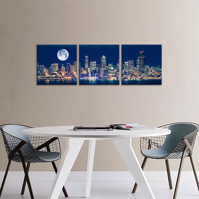 NAN Wind Panoramic Seattle Skyline Night Canvas Art Full Moon Over City Wall Decor 3 Panel Modern Urban Cityscape Print Blue Harbor Illuminated Skyscrapers Living Room Office Bedroom Home Decoration