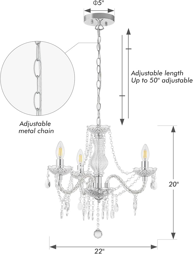 Luvkczc Chandeliers for Dining Room, 3-Light Acrylic Ceiling Light Adjustable Chain&E12 Base Pendant Light for Bedroom, Dining Room, Living Room