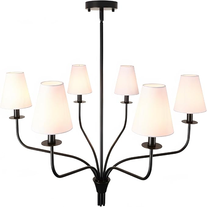 30" Modern Black Chandelier for Dining Room - 6-Light Pendant Lighting Fixture with White Fabric Shade, Mid Century Ceiling Light for Living Room Bedroom Kitchen Island, E12