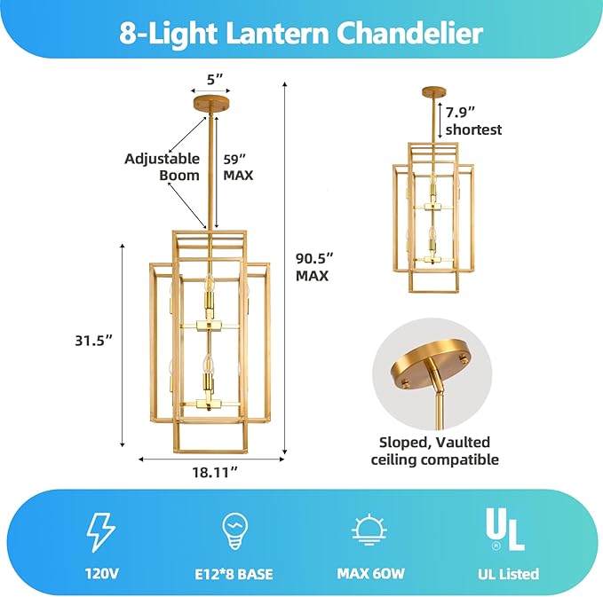 8-Light Gold Chandelier, Modern Foyer Lighting Fixtures, 31.5" Farmhouse Lantern Pendant Light, Industrial Large Chandeliers for High Ceilings, for Living Room,Staircase,Hallway