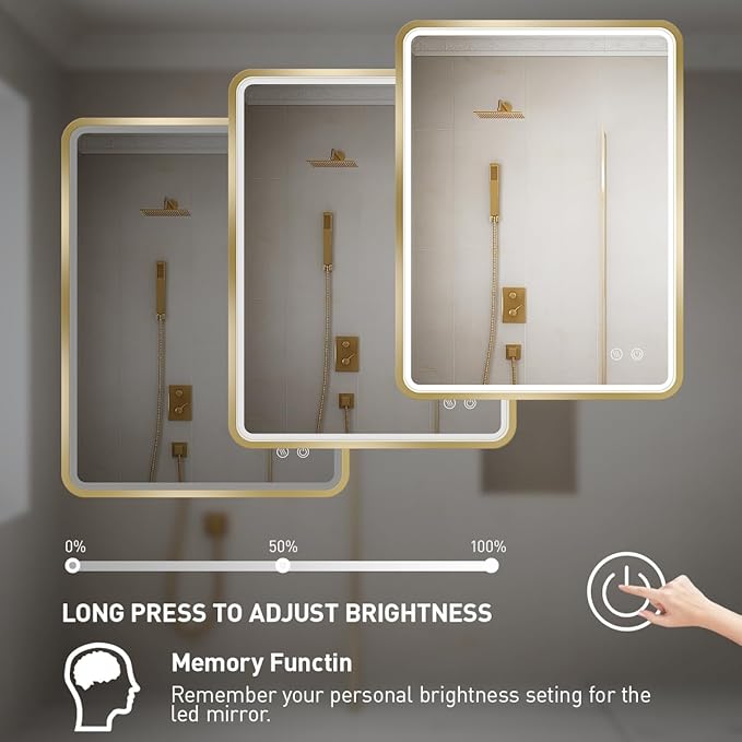 24X32 Inch LED Bathroom Mirror with Lights,Gold Framed Wall Mounted Lighted Vanity Mirrors,Anti Fog Design&Dimmable&Touch Switch,Light up Mirror (Horizontal/Vertical)