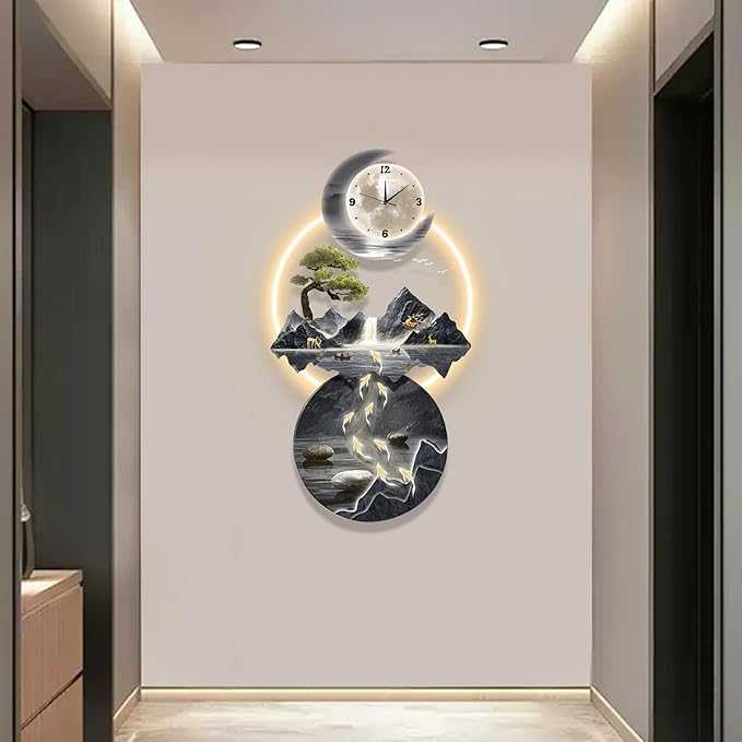 LED Light Art Wall Decor, 3D Art Wall Decor Clock, Decor Wall Sculptures with Lights, Modern Home Decor Landscape Wall Sculpture, Plug-in Power Supply, Blue a, 19x39IN