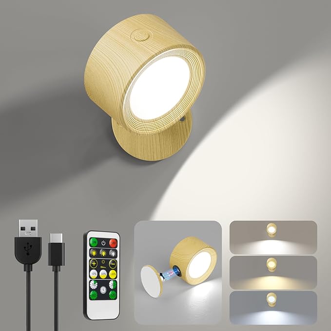 Lightbiz LED Wall Sconces, Wall Mounted Lamp with Remote Rechargeable Battery Operated, 3 Color Temperatures & Dimmable Wall Lights Magnetic 360° Rotation Light