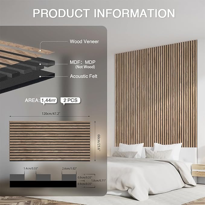 2-Pack Wood Slat Wall Panel 47.2"x23.6" (15.5 sq ft)|Soundproof and Acoustic Wall Panels for Interior Decor|Wood Panels for Wall and Ceiling for Office,Home Theater & Living Room Light Walnut