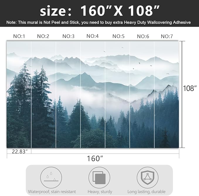 -Foggy Forest Pine Scenery Fabric Wallpaper Living Room Bedroom Bathroom Mountain Large Wall Mural- 160"x108"（ not Peel and Stick）