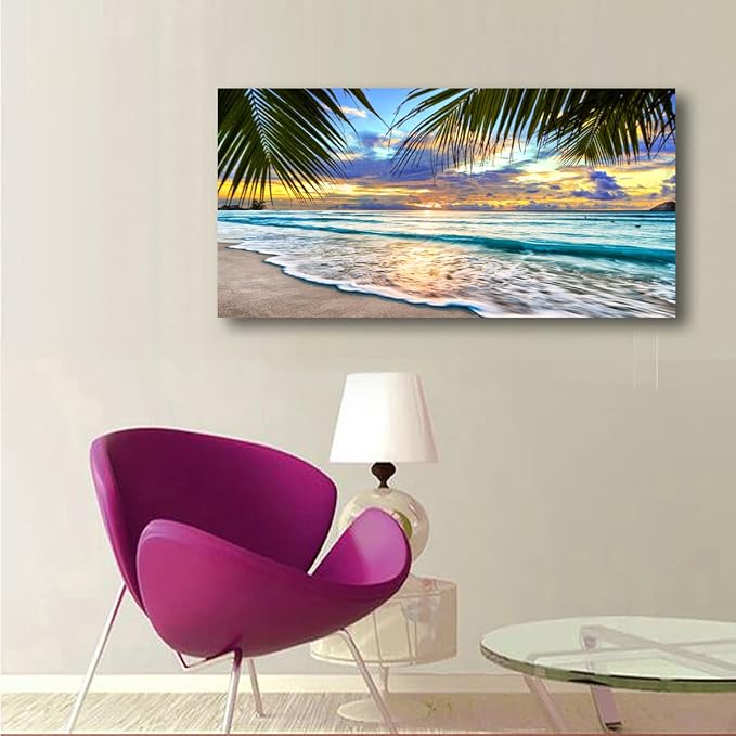Beach Canvas Wall Art Seascape Theme Pictures Home Decor Blue Ocean White Wave Palm Tree Prints Paintings for Living Room Bathroom Bedroom Kitchen Office Decoration Natural Scenery Artwork 24x48inches